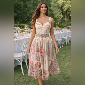 Rosevelvet Chic Floral Midi Dress in Cream and Pink Midi Corset